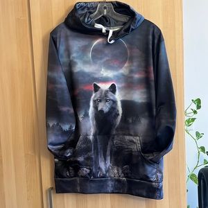 Hoodie- wolf, moon, pink sky